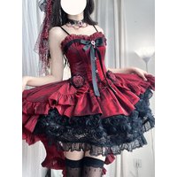 Gothic Rose Lace Lolita Dress Evening Gown Pure Desire Princess Skirt Elegant Black Red Rose Flower Trim Soft Girl Costume