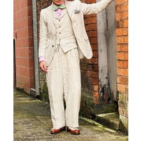 Beige Linen Men Suits 3 Pieces Men Suits Lightweight Blazer Vest Pants Set Casual Summer Wedding Outfit