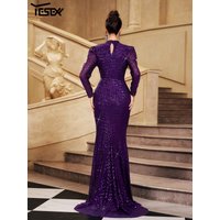 Yesexy Purple Round Neck Long Sleeved Sequin Mermaid Evening Gown Wedding Birthday Party Graduation Luxury Floor Length Dresses