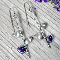 Vintage Silver Color Water Droplet Inlaid with Purple Stones Earrings Ethnic Metal Carving Leaf Dangle Earrings Jewelry