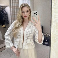 Pravum Women's Jacket 2026 V-Neck Flared Sleeve Hollow-Out Knit Cardigan White Button-Up Outerwear Knitwear