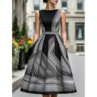 Elegant Vintage Abstract Striped Print Sleeveless Midi Dress Women High Waist A-Line O Neck Wedding Guest Cocktail Vestidos