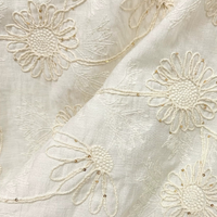 Beige Lyocell Cotton Fabric Sunflower Embroidery Sequins Lightweight Soft Blouse Vintage Designer Sewing DIY Home Craft Material