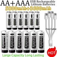 New 1.5V AA 5800mAh+AAA 3600mAh rechargeable Lithium ion Battery Long Lasting Li-ion Batteries 2000 Cycles with free USB-C Cable