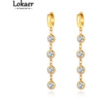 Lokaer Stainless Steel Sparkling Round Cubic Zirconia Tassel Earrings Trendy Bohemia Party Hoop Earrings For Women Girls E21167