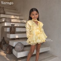 Verngo Soft Yellow Chiffon Kids Dress V Neck Long Sleeve Flower Girl Dress Neck Tie Ruffle Tiered Birthday Party Gown Customized