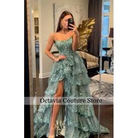 Customized Strapless Lace Tulle Tiered Prom Dress Sparkly Sequin With Slit Bridesmaid Dresses Corset Formal Evening Party Gowns