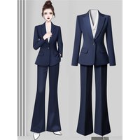 Professional Women's Suit Set Formal Interview Outfit Polyester Fabric Slim Fit Commuter Style Long Sleeve Pure Color