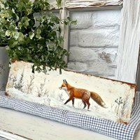 2D Flat Design, a Vintage Country-Style Fox Aluminum Wall Art Sign - 16X4 Inches Winter Fox Scene Metal Plaque, Suitable for H