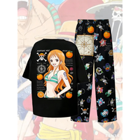 2026 Summer One Piece Nami Orange Print Pajama Set Oversized T-shirt & Pants Unisex Anime Sleepwear Soft Breathable Loungewear