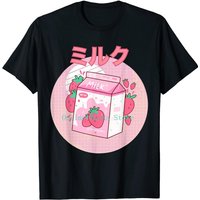 Carton Pink Funny Strawberry Milk Shake Japanese Retro 90s T-Shirt Carton Men's Short-Sleeved Harajuku Graphic Oversized Tee