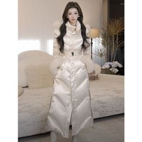 Mode Vielseitiges Design Daunen Baumwolle Kleidung frauen Winter Stil Temperament Promi Große Pelz Kragen Taille und Dünne Lange Mantel