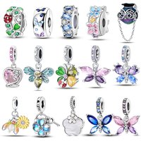 925 Silver Springtime Gem Butterfly Dragonfly Flowers Charms Pendant Fit Pandach Original Bracelets DIY Little Fresh Jewelry