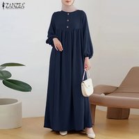 Fashion Muslim Abaya Women Maxi Long Dress 2026 ZANZEA Casual O Neck Long Sleeve Solid Peated Sundress IsIamic Hijab Robe Kaftan