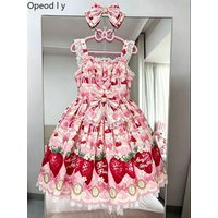 2026 Summer New Sweet Strawberry Handle Sweet Print Lolita JSK Dress Daily Lo Lace Bow Dress Suspender Dresses Girls Women