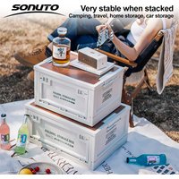 Folding Camping Storage Box, Large Side Opening Organizer with Wood Lid, Portable Car Trunk Bin Multifunctional Outdoor Table