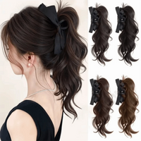 Synthetic Fiber Long Wavy Ponytail Hairpiece Clip In Hair Extension with Bow Easy Wear Volume Hairpiece Natural Look