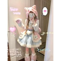 Christmas Cosplay Party Outfits Faux Fur Lolita Suits Women New Year Red Blouse + Knitted Dress Japanese Kawaii 2 Piece Sets
