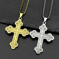 Christian Orthodox Church Rhinestones Cross Pendant Necklace For Women Men Stainless Steel Gold Color Religious Chain Jewelry