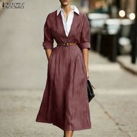 ZANZEA Elegant Lapel Neck 3/4 Sleeve Office Sundress Women Dresses 2026 Spring Summer Dress Patchwork Robe Vestido Without Belt
