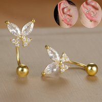 2PCS Stainless Steel Butterfly Cartilage Piercing Earring Crystal Zircon Screw Ball C-shape Stud Earring Unusual Women's Jewelry