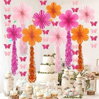 17Pcs Hot Pink and Orange Paper Flowers Fans, Pink Butterfly Paper Garland with Orange Pink Rose Red Paper Hanging Swirls Party