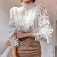 Frühling Süße Aushöhlen Spitze Patchwork Bluse Herbst Taste Weiß Top Frauen Blusas Blütenblatt Hülse Blume Stehkragen Hemd 12419