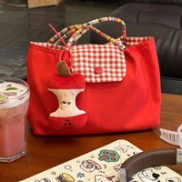 New Korean-Style Large-Capacity Red Single-Shoulder Plaid Canvas Bag, Versatile for Students, Commuting, and Casual Use, Tote Bag for Women (Without Pendant)