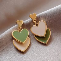 New Korean Sweet White Green Double Heart Drop Earrings For Women Asymmetric Love Heart Statement Earrings Girls Party Jewelry