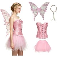 AwwwCos Women Fairy Costume Full Set Jacquard Corset Tutu Skirt Butterfly Wing Flower Crown for Halloween Princess Cosplay Party