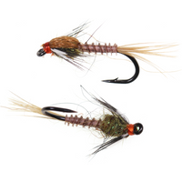 6pcs #14 Brown Goose Biot Nymph Grizzly Hackle Emergers Barbed Fly Tying Hook Artificial Insect Baits Trout Perch Fishing Lures