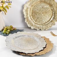 12.59" Gold Plastic Charger Plates with Floral Reef Design round Ruffled Rim Dinner Plates for Wedding Party Decoration