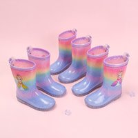 Kids Rain Boots Girls Waterproof Rainbow Gradient Wellies for Outdoor Cute Cartoon Princess Girls Sparkly Non-Slip Kids Wellies