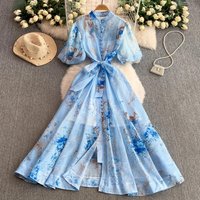 Retro Court Style Printed Stand Collar Puff Sleeve Dress With Belt Summer Single Breasted Tie Waist Slim Flared Long Dresses
