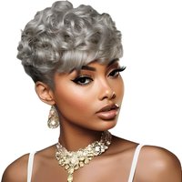 Gray Egg Curly Wigs Short Pixie Cut Wig with Pre Plucked Bangs for Women Bazilian Remy Hair Machine Made Cap 100% Human Hair Wig