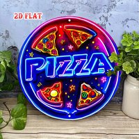 2D Flat, 1pc Neon Pizza Party - Vintage 80s Arcade - Glowing Pizza Slice Sign- Heavy-Duty Aluminum Metal Wall Art
