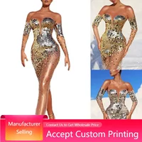 Evening Dress Elegant One Shoulder Sleeveless Sequined Mesh Temperament Sexy Long Dress Women Bodycon Party Formal Dress