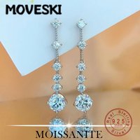 925 Sterling Silver Moissanite Dangle Earrings | Long Tassel Drop Earrings with Round Cut Stones for Women Wedding Party Jewelry