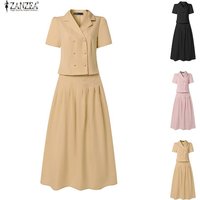 2026 ZANZEA Summer Outfits 2 Pieces Sets Lapel Neck Short Sleeve Shirt Dress Sets Elegant Women OL Work Pleated Midi Skirt Suit