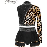 Girls 2 Piece Jazz Dance Outfit Asymmetrical Long Sleeve Shiny Rhinestones Crop Top with Skirt Set Dancewear