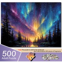 A Box of (A) Adult Puzzles, Featuring a Forest And Lake Design Under The Aurora - Scratch-Resistant, Challenging, Suitable for
