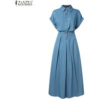 ZANZEA Summer Elegant Short Sleeve Lape Neck Dresses Fake Denim Blue Dress Women Buttons Up Robe High Waist Office Wear Sundress