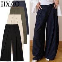 HXAO Women's Pleated Loose Pants Spring Autumn 2026 Chic Black Beige Armygreen Striped High Waist Wide Leg Trousers Office Pants