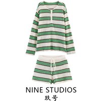 NINE ZAR Women's Striped Vacation Style T-shirt Knitwear Shorts Fashion Set Summer Spring Long Sleeve Regular Length
