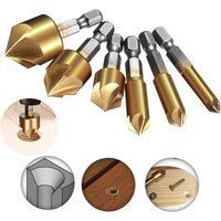 6pcs Countersink Drill Bit Set 1/4'' Hex Shank HSS 5 Flute Countersink 90 Degree Wood Chamfering Cutter Chamfer 6mm-19mm