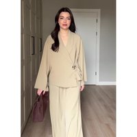 Muslim Two Piece Set Women V Neck Shirt Solid Blouse Wide Leg Pants Suit Dubai Arabic Outfits Morocco Islam Ensemble 2026