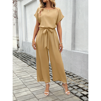 2026 Summer New European and American Style Workwear Jumpsuit, Round Neck Short-Sleeve Tie-Waist Wide-Leg Pants, Casual Versatile Elegant Women's Jumpsuit