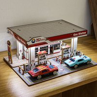 LED Lighted WoodenAssembly Miniature Model (Gas Station/Coffee Shop) with Alloy Car & Parking Lot Scene for Home Office Decorati
