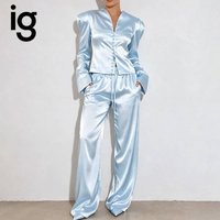 IG 26 Women's Glossy Satin Two Piece Co Ord Set, Deep V Neck Padded Shoulder Button Front Cropped Blazer & Elastic Drawstring image 4