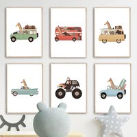 Funny Cartoon Animal Car Bus Art Nursery Wall Poster Print Giraffe Elephant Children Kid Room Canvas Painting Home Decor Picture